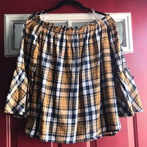 Plaid off the shoulder, bell sleeve top